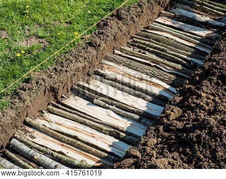 Permaculture Trench With Logs Of Wood With Green Grass Side
