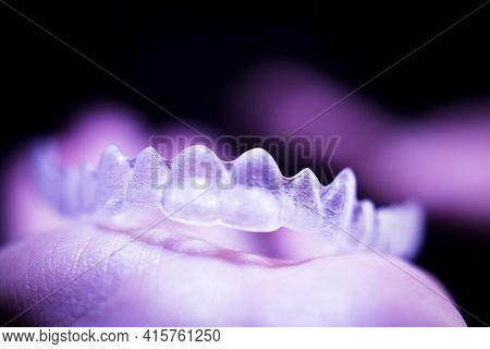 Transparent Ferule Retainer Teeth Alignment. Copy Space