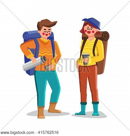 Travel Mug For Carry And Drinking Hot Drink Vector. Man And Woman Tourists Filling Cups With Beverag