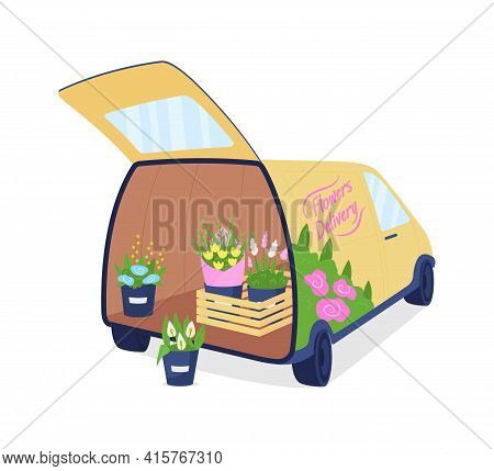 Flower Delivery Auto With Opened Trunk Flat Color Vector Object