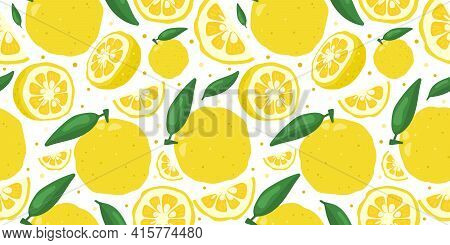 Yuzu Japanese Citron Fruit Seamless Pattern Vector Illustration Isolated On White Background. Full, 
