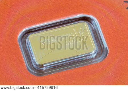 Pruszcz Gdanski, Poland - April 5, 2021: Valcami Suisse (switzerland) 1 Gram Of Fine Gold 999,9. Gol
