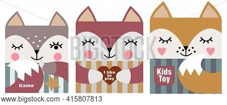 Cute Fox In Different Colors. Square Fox Shape