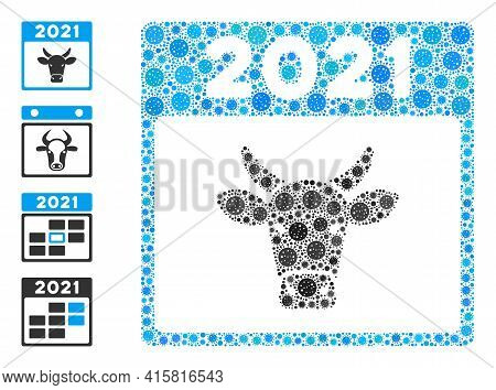 2021 Bull Calendar Covid-2019 Mosaic Icon. 2021 Bull Calendar Collage Is Created Of Randomized Covid