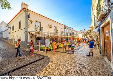 Lagos, Portugal - August 19, 2017: Restaurants And Shops In The Historic Center Of Lagos, An Old Sea