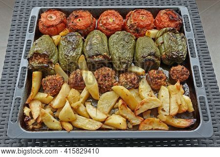 Tomatoes Green Peppers And Mushrooms Stuffed With Rice Minced Meat And Herbs. Greek Food.