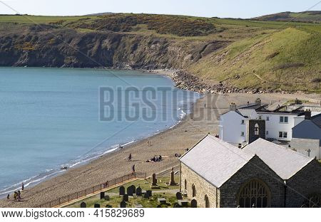 Aberdaron, Wales Beautiful Landscape Of The Village, Bay, Sea And Dramatic Cliffs Small Seaside Reso