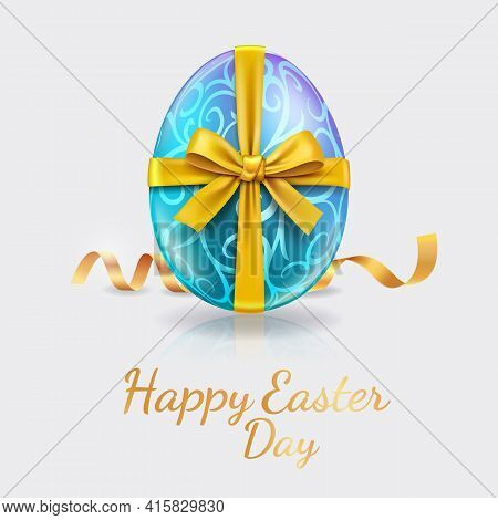 Happy Easter Day Easter Eggs Blue Color With Glod Ribbon. Vector Illustrations.