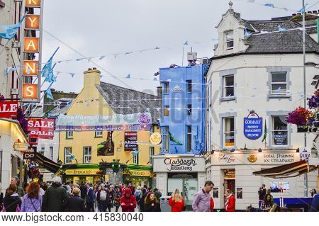 Galway, Ireland, July, 2016. Busy Galway City Centre Full Of Visitors.
