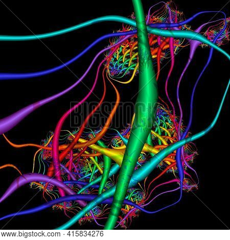 Spatial 3d Sparkling Bright Models Isolated On Black Background. Fractal Geometric Three-dimensional