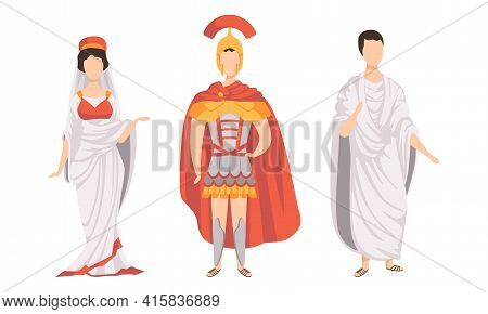 Citizens Of Ancient Rome In Traditional Costumes Set, Legionary, Roman Woman, Plebeian Flat Vector I
