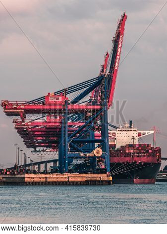 Hamburg, Germany - August 30, 2020: Container Terminal Burchardkai, The Port Of Hamburg During Blue