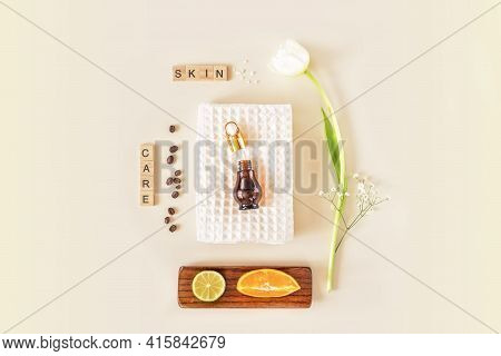 Eco Friendly, Cosmetic Composition With White Towel, Citrus Glow Serum, Orange, Laim, Coffee Beans, 