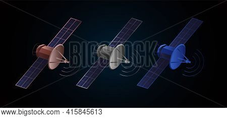 Set Of Isometric Gps Satellite Illustration Icon In Three Colors, Blue Red And Silver Metal, Gradien