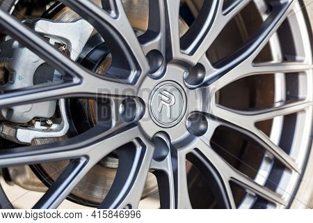 Russia, Izhevsk - February 17, 2021: Haval Showroom. The Part Of Alloy Wheel New Haval F7x Car. Crop