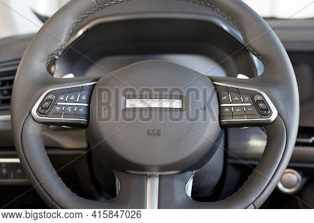 Russia, Izhevsk - February 17, 2021: Haval Showroom. Steering Wheel Of New Haval F7x Car With Leathe