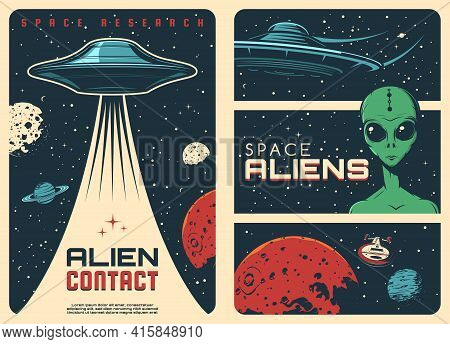 Alien Spaceship, Extraterrestrial Ufo Life Retro Posters. Humanoid Alien With Green Skin And Big Eye
