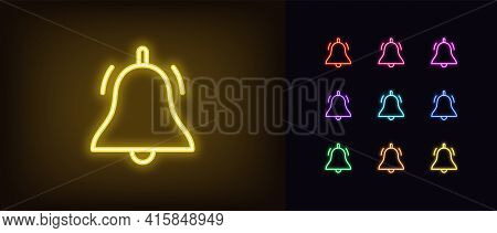 Neon Bell Icon. Glowing Neon Bell Sign, Outline Notification Pictogram In Vivid Colors. Online Push 
