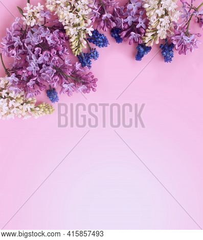 Syrínga Vulgáris Flowers On A Light Pink Background. Spring Flower Arrangement. Background For A Gre