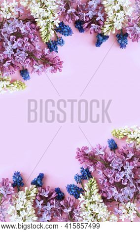 Syrínga Vulgáris Flowers On A Light Pink Background. Spring Flower Arrangement. Background For A Gre