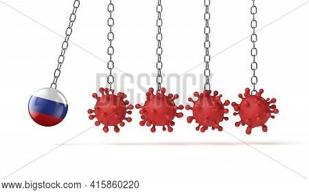 Russia Flag Ball Hits Into A Line Of Coronavirus Molecules. 3d Rendering