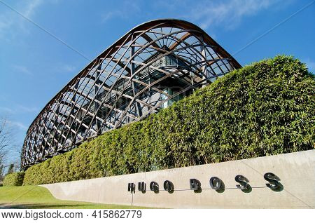 Coldrerio, Ticino, Switzerland - 10th March 2021 : Hugo Boss Ticino Sa Building Headquarters Located