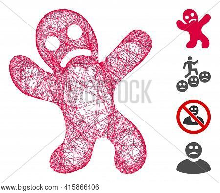 Vector Wire Frame Sad Cookie Man. Geometric Hatched Frame 2d Net Made From Sad Cookie Man Icon, Desi