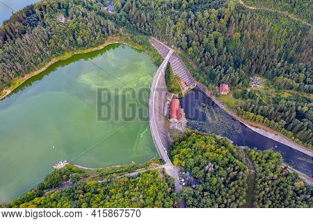 Panoramic Aerial View Of Lake And Water Dam In Pilchowice.