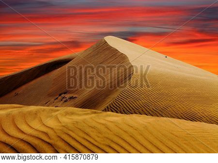 Cerro Blanco Sand Dune Desert Evening Sunset Colored With Beautiful Clouds, One Of The Highest Dunes