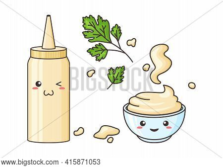 Mayonnaise Kawaii, Vector Funny Character Bottle And Bowl. Sauce Pack In Plastic Container. Spots Ma