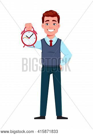 Handsome Business Man Holding Alarm Clock. Young Businessman Cartoon Character In Flat Style. Stock 
