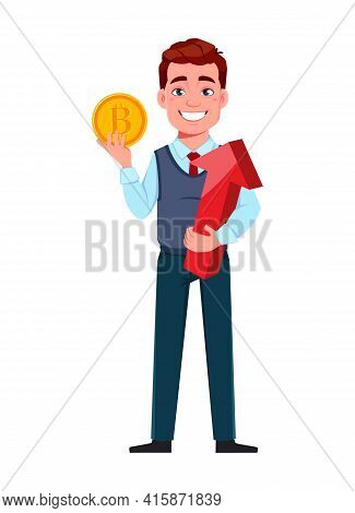 Handsome Business Man Mining Cryptocurrency. Young Businessman Cartoon Character In Flat Style. Stoc