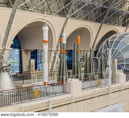 Moscow, Russia - November 28, 2018: Space museum. Inside The Cosmonautics and Aviation Centre in the Cosmos pavilion of VDNH. Aircraft exhibition. Rocket science.