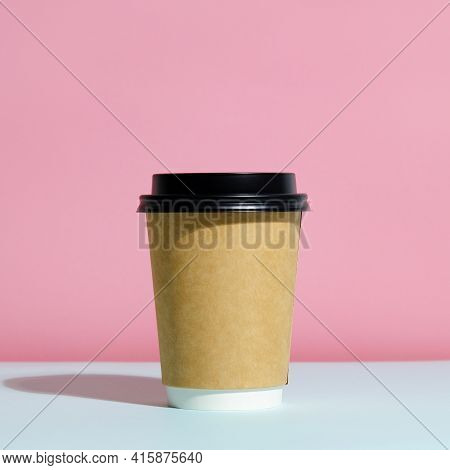 Paper Coffee Container With Lid On Trendy Minimal Coloured Background. Coffee To Go Container Mockup