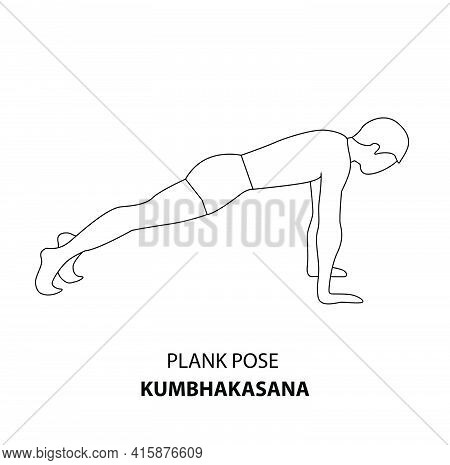 Man Practicing Yoga Pose Isolated Outline Illustration. Man Standing In Plank Pose Or Kumbhakasana, 