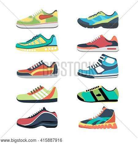 Sports Shoes Vector Set. Fashion Sportwear, Everyday Sneaker, Footwear Clothing Illustration