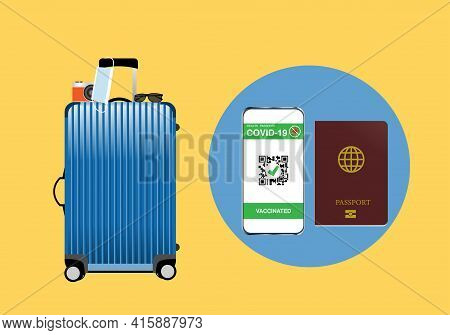 Travel In Newnormal After Covid-19 Vaccination. Illustration Of Passport, Vaccination Certificate In