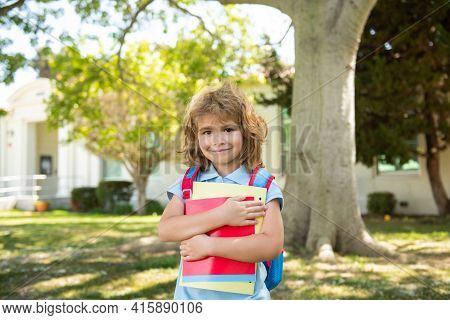 Pupil Of Primary School With Book In Hand. Portrait Of The Cute Boy Who Is Going To School With His 