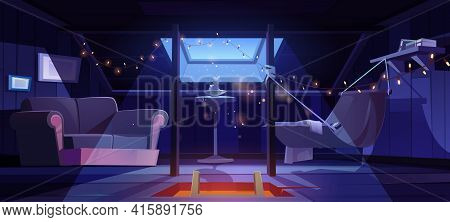 Cozy Room On Attic With Hammock And Sofa At Night. Vector Cartoon Interior Of Mansard For Relax And 