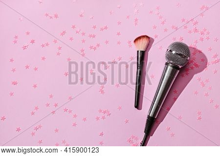 Microphone And Brush On Pink Confetti Background. Asmr Recording Stress Relieving Sounds Concept, Fl