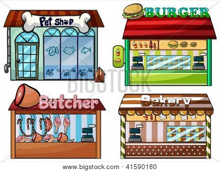 Иллюстрация petshop, Бургер стенд, мясной магазин и пекарен на белом фоне.