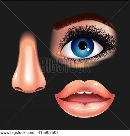 Set Of Beautiful Female Eye With Extended Eyelashes, Nose And Shining Mouth With Glossy Lips. Black 