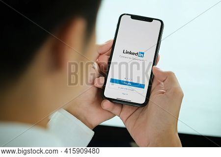 Chiang Mai, Thailand - April 06 2021 : Linkedin Application On The Smartphone Screen. Linkedin Is A 
