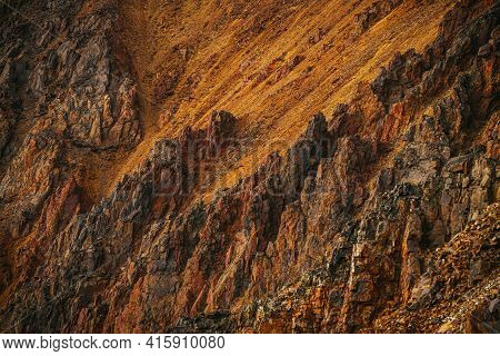Scenic Nature Background Of Multicolor Mountain. Colorful Nature Backdrop Of Motley Rocks. Multicolo