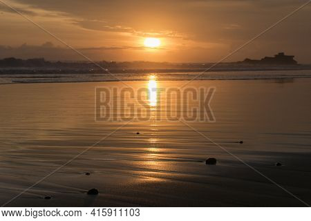 Amazing Beautiful Colored Sunset On The Ocean In Balian Beach. Bali Island In Indonesia