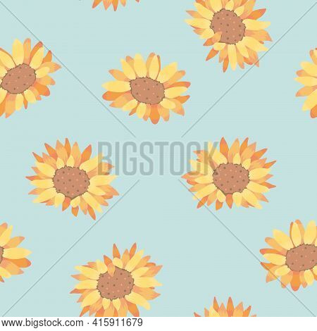 Vector Sunflower Head In Soft Pastel Colors On Green Seamless Pattern Background. Perfect For Fabric