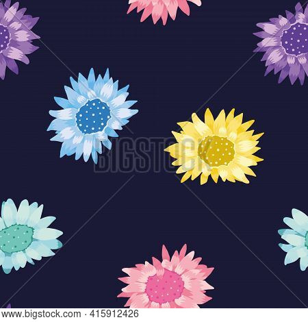 Vector Rainbow Sunflowers On Navy Blue Seamless Pattern Background. Perfect For Fabric, Scrapbooking