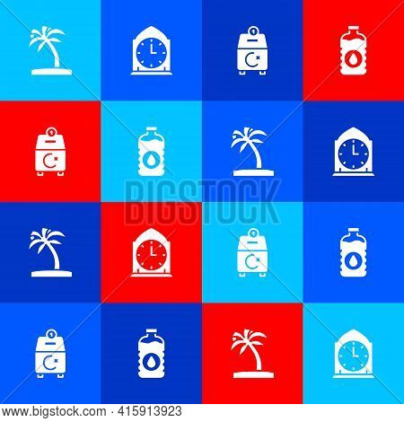Set Tropical Palm Tree, Clock, Donate Or Pay Your Zakat And Bottle Of Water Icon. Vector