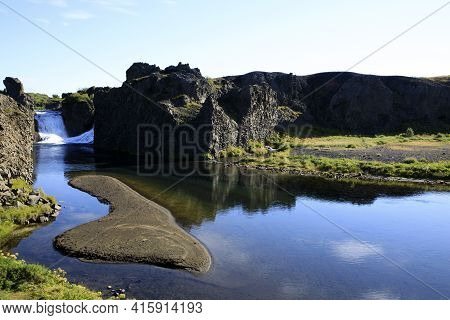 Hjalparfoss / Iceland - August 26, 2017: The Hjalparfoss River And Waterfall, Iceland, Europe