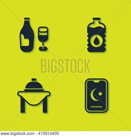 Set Wine Bottle With Glass, Star And Crescent, Table Food And Bottle Of Water Icon. Vector